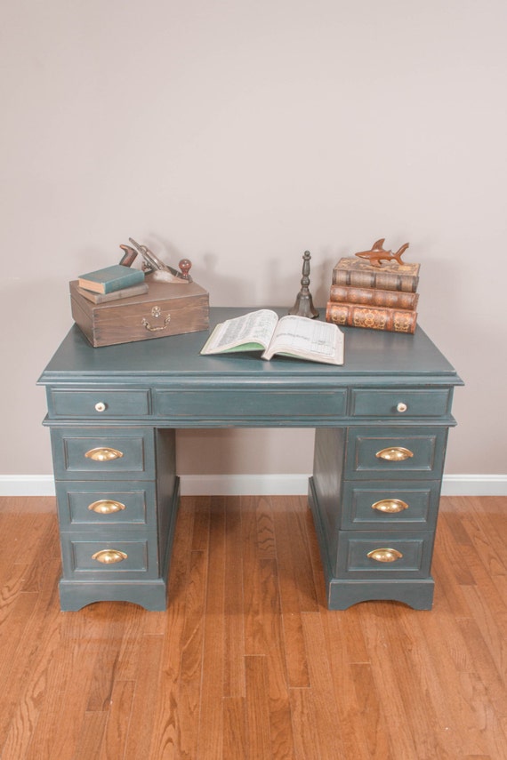 ITEM IS SOLDNavy Blue Nautical Executive Desk with Gold Pulls