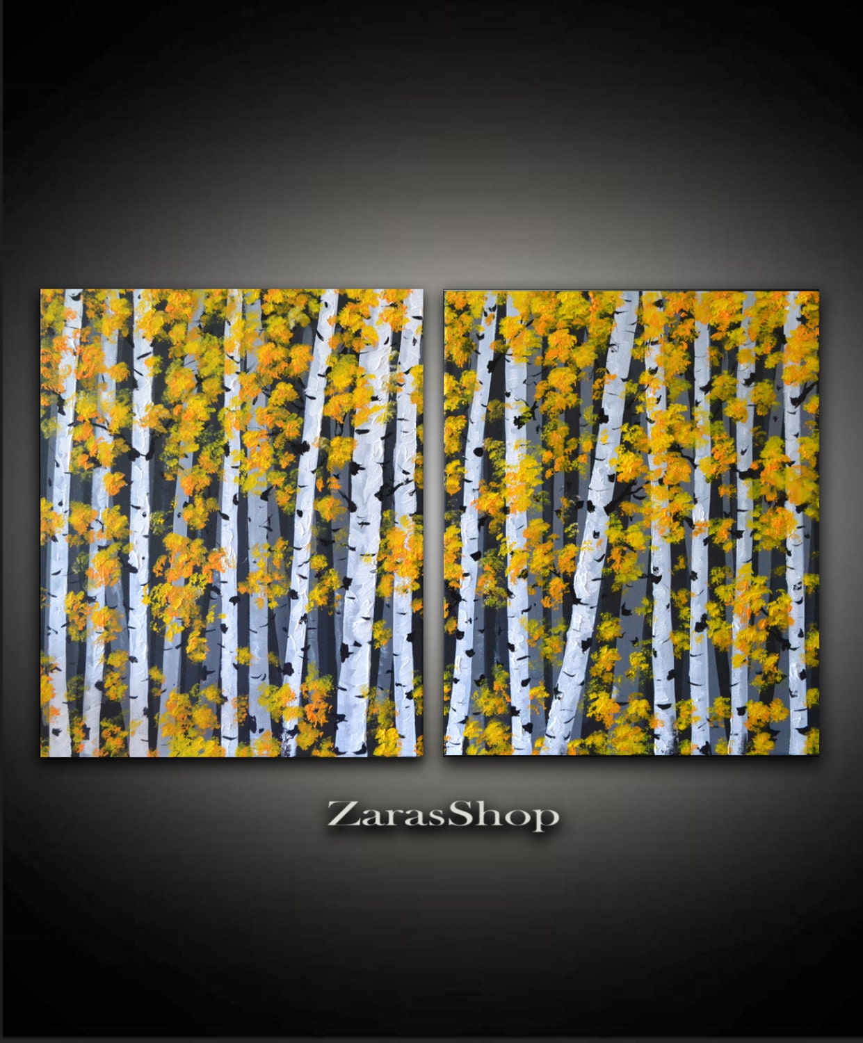Abstract yellow birch trees painting aspen forest by