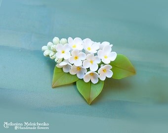 Brooch White Lilac Syringa - Polymer Clay Flowers