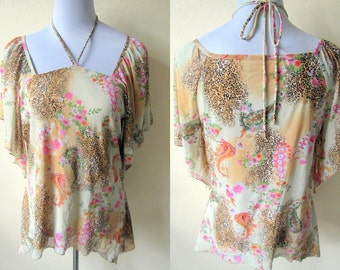 Spring Sale: yellow kaftan blouse with leopard, floral and paisley prints (large; plus size), printed top