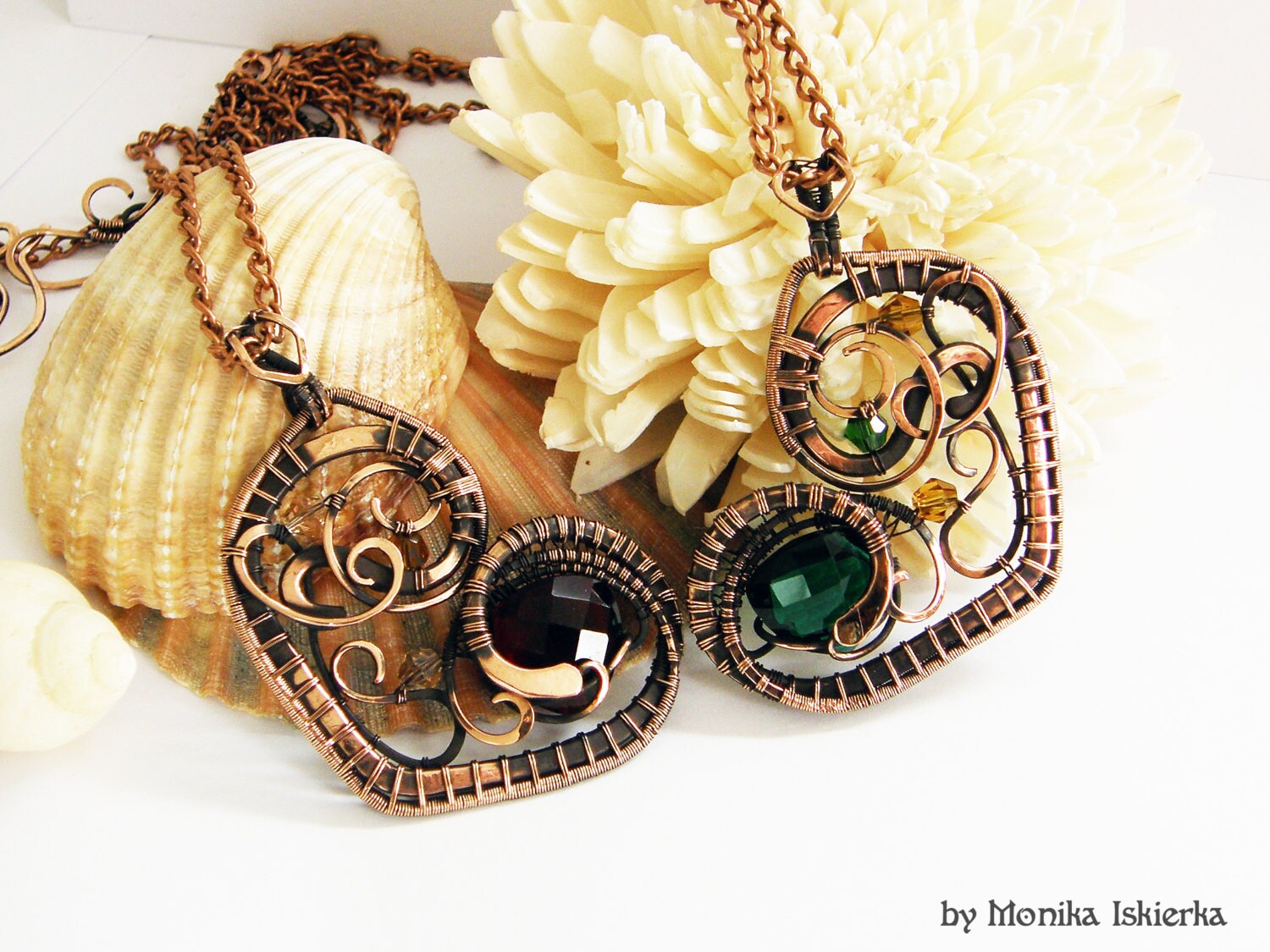 Hearts matching wire wrapped necklaces quartz copper by MeaJewelry