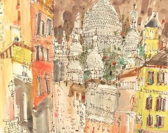 SACRE COEUR, PARIS Print, Montmartre Art, Signed Parisian Decor, Mixed Media French Painting, Pen Drawing Sketch, Paris Wall Art Boulangerie