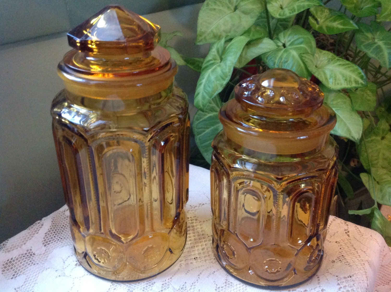 Vintage Gold/Amber Glass Canisters With Lids Pair of Mid