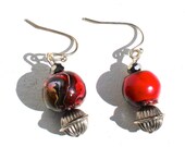 Red Earrings with golden accents, hand painted Indonesian beads, Swarovski crystals, Indian charm