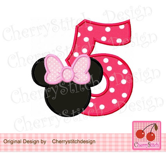 Minnie Number 5 Birthday Embroidery Applique Design for 4x4