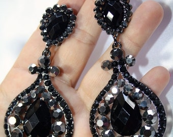 Chandelier Clip Earrings Rhinestone Drag Pageant Austrian Crystal Black 3.8 inch