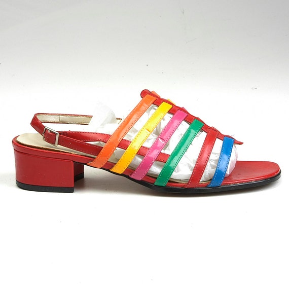 sz 8 Vintage 70s Red Rainbow Slingback Sandals Strappy Low Heel Mod ...