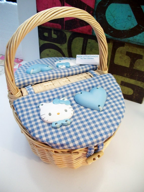 Blue Hello Kitty Picnic Basket Gingham Wicker