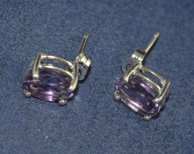 Amethyst Stud Earrings, 9x7mm Oval, Natural Set in Sterling Silver E713