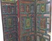 Vintage India Wood Room Divider 4 Panel Hand Carved Screen-Reversible Unique Room Divider