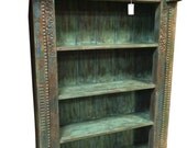 Antique Bookshelf Floral Hand Carved Indian 4 Shelf Green Patina Bookcase Furniture