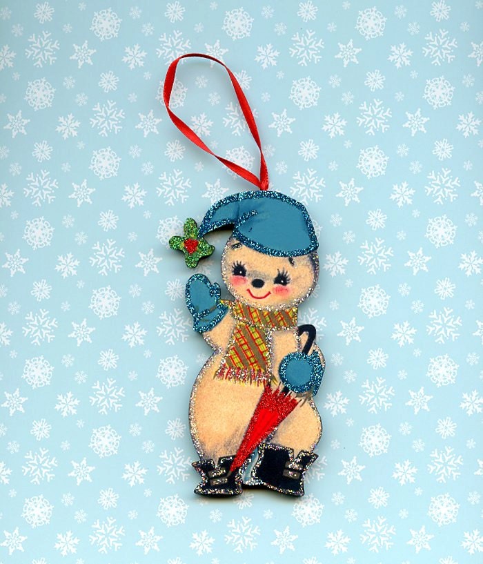 Christmas Snowman in Blue Cap handmade glittered tree decoration ornament vintage style