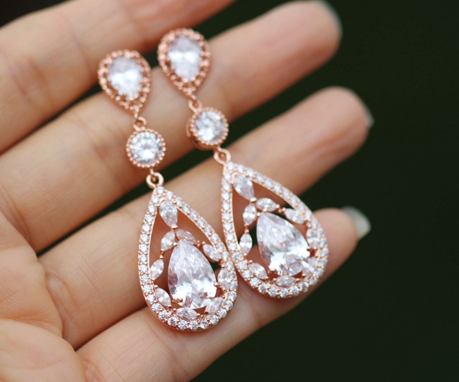 Long Zirconia Rose Gold Earring Bridal Earrings By Arbjewelry