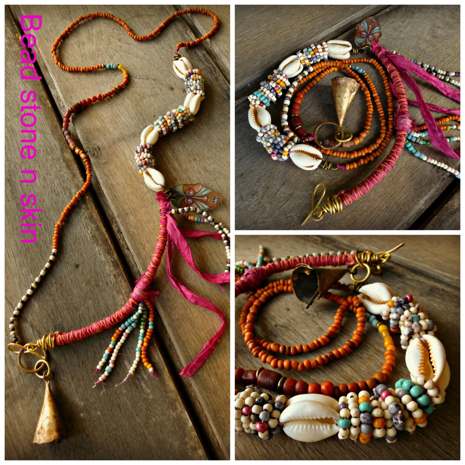 Boho Ethnic Hippie Necklace Trade Beads Sari Silk Fringe