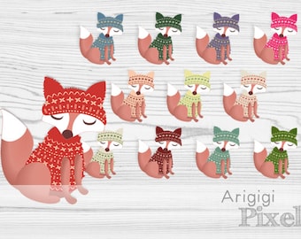 dressed fox clipart, fox in sweater with winter cap, winter clip art set, commercial use digital elements download