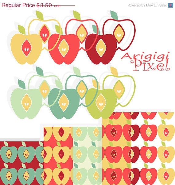 ON SALE 70 % OFF apples digital paper and clip art set , back to school, fruit clipart, warm fall colors, commercial use digital elements, i Il_570xn