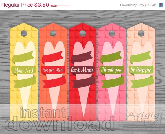 Valentine Sale 50% OFF Mother's Day bookmark, printable, paper goods, long gift tag, card, bright spring colors, heart wrapped in ribbon mo Il_570xn