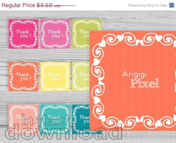 Spring SALE 50 % OFF thank you, printable squares, wreath, hearts and swirls, summer colors, for party labels or tags, multicolored, instant Il_570xn