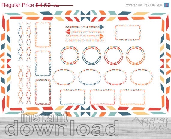 Spring SALE 50 % OFF tribal digital paper, frame clip art set, circle, oval, rectangular, blue, red, orange, digital paper pack, commercial Il_570xn