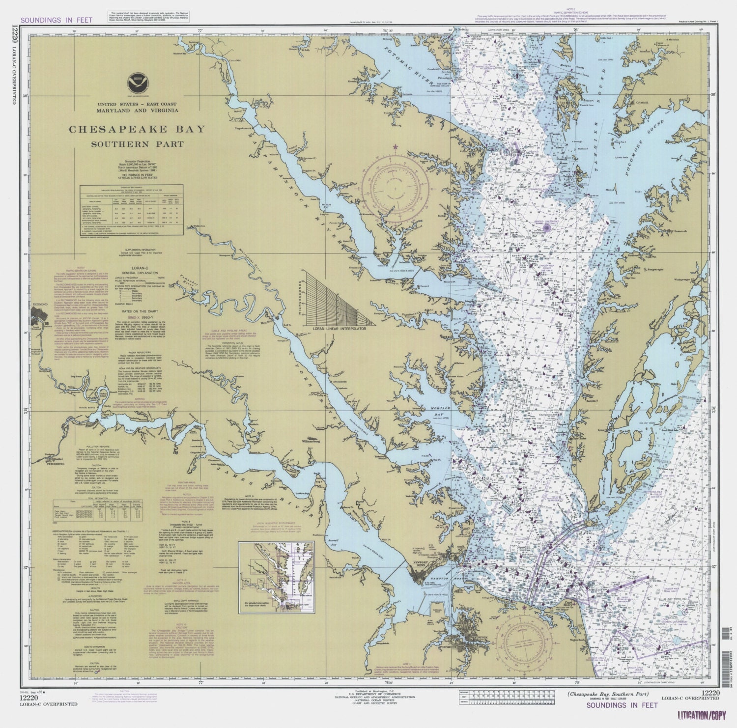 Chesapeake Bay Southern Part 1993 Nautical Map Reprint AC