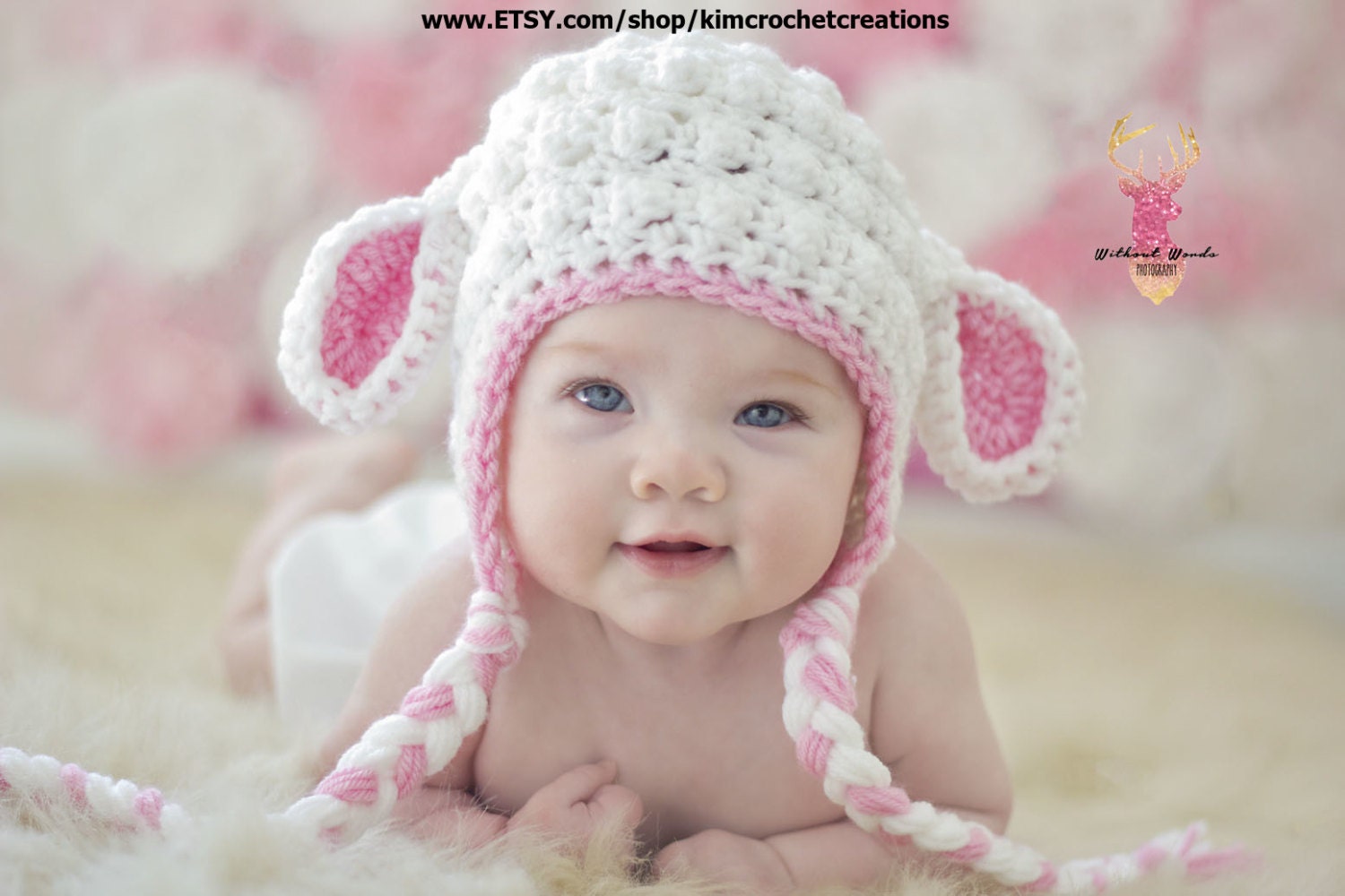 BABY GIRL LAMB Hat White & Pink Newborn Photo Props Baby