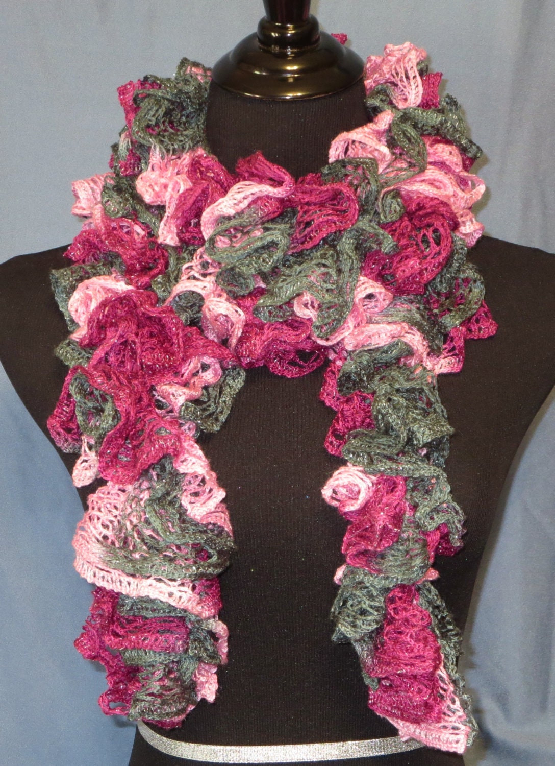 Handmade Crocheted Ruffle Scarf Pink / Gray by BeCreatives