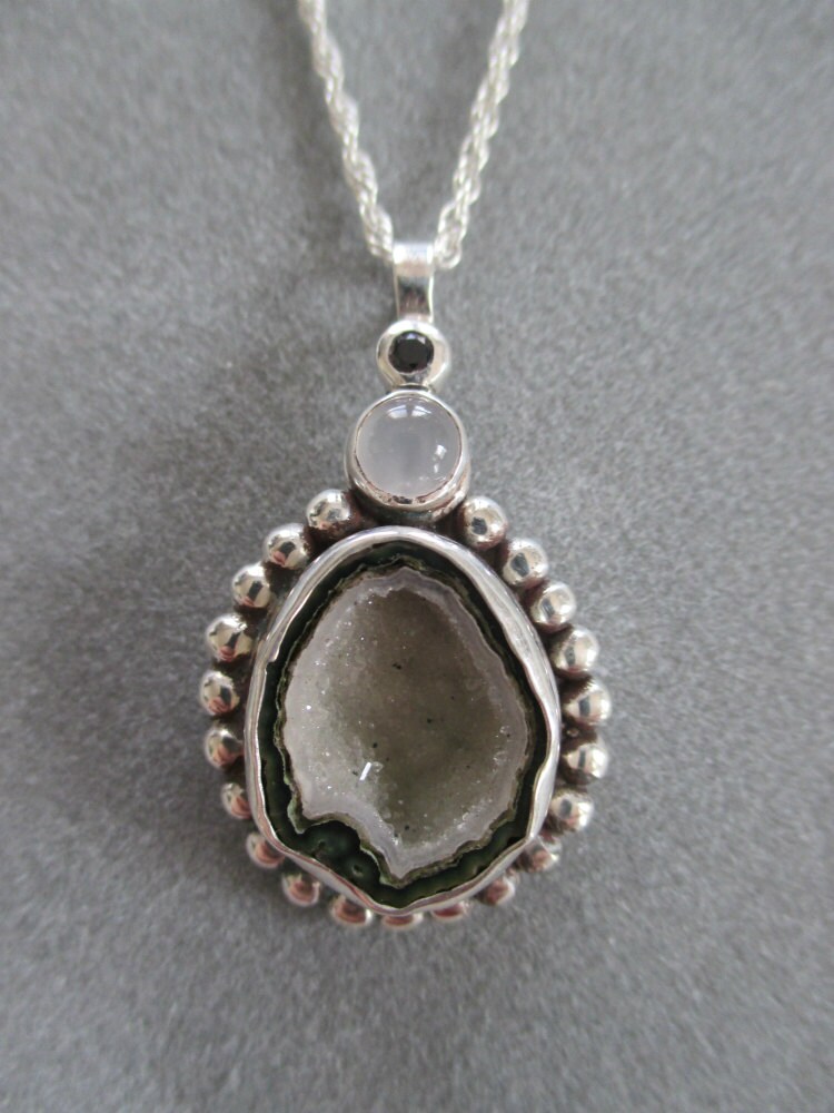 SALE One of a Kind Quartz Druzy Geode & Moonstone Sterling