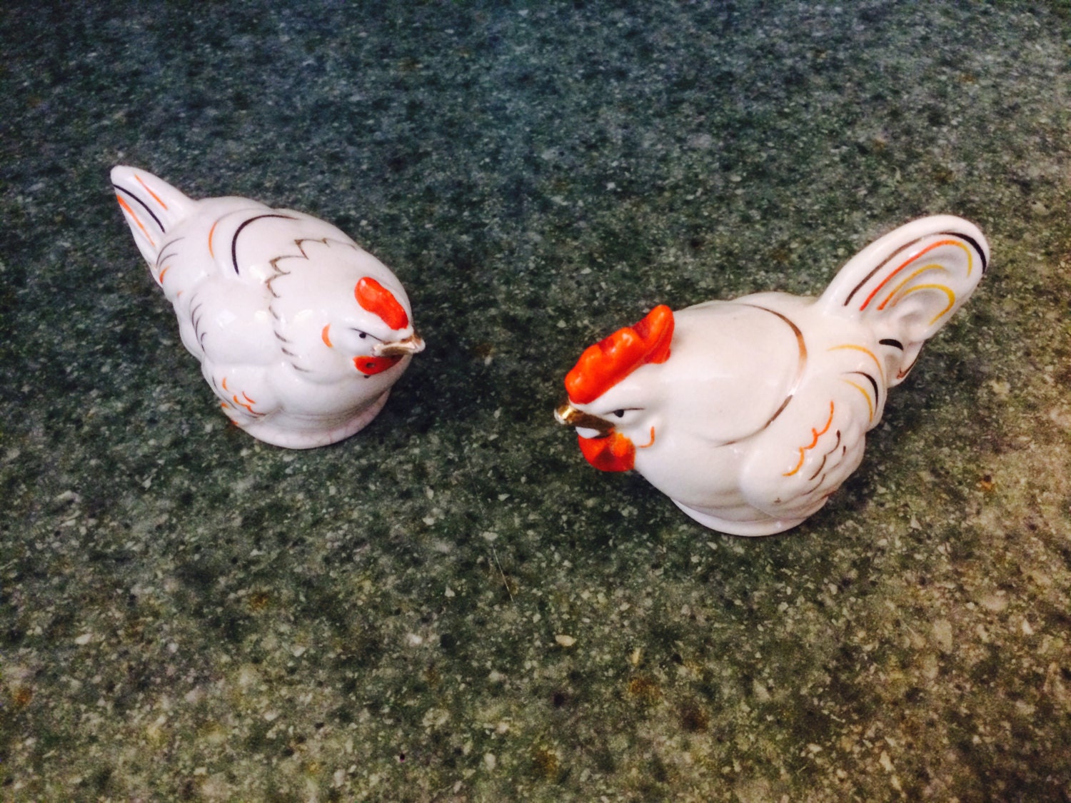 Vintage Rooster and Chicken Salt and Pepper Shakers, Orange and Gold Gilt Accent, Made in Japan