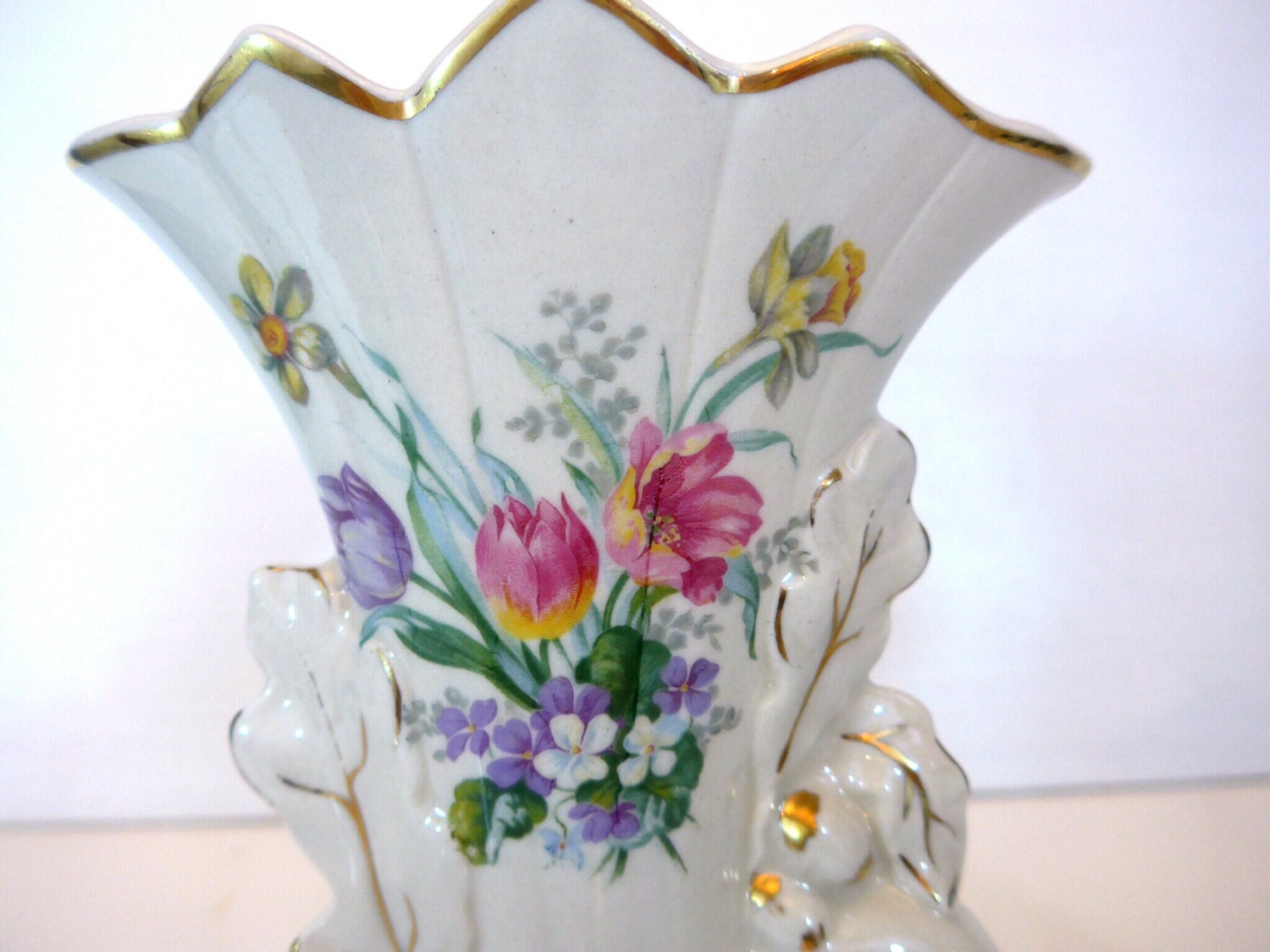 Vintage Pair Vases Ceramic Floral on Ivory Vases Gold Trim 2 Fan
