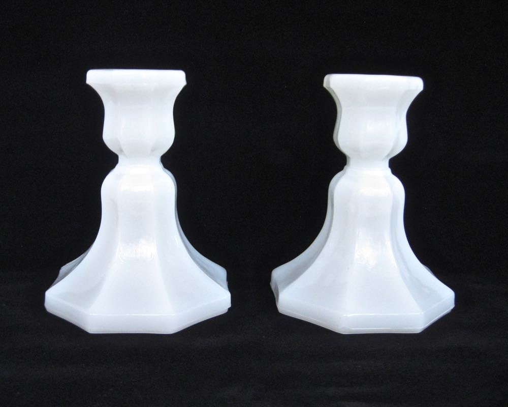 Vintage Pair Milk Glass Candle Holders Candlesticks Wedding Decor