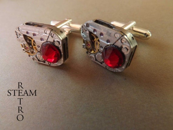 10% off sale17 Steampunk Swarovski Red Cufflinks Vintage watch movement wedding cufflinks Vintage upcycled mens Cuff Links by SteamRetro steampunk buy now online
