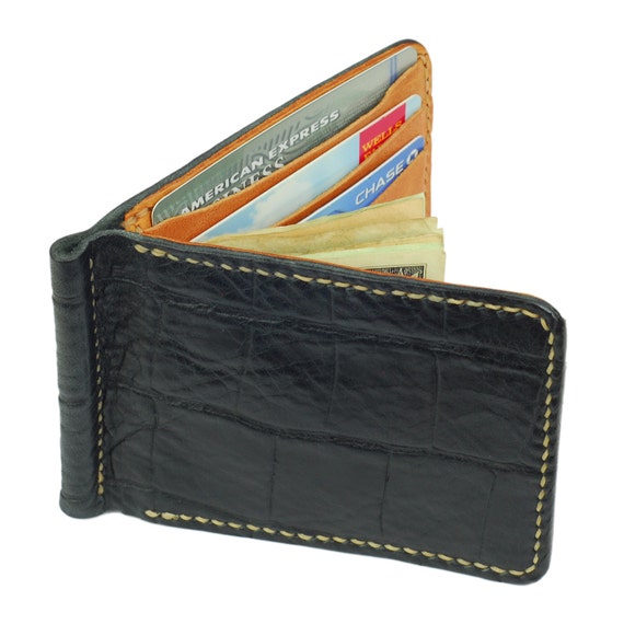 Black Leather BiFold Money Clip Wallet Tan Leather Interior