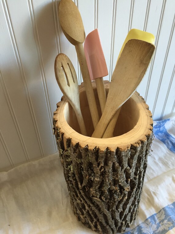 Carved log utensil holder by TheSouthFields on Etsy