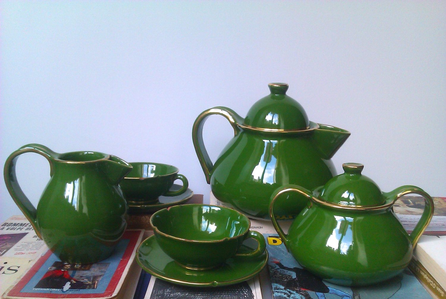 Tea Set Vintage Green Vintage Pottery Rare Dark Green Tea