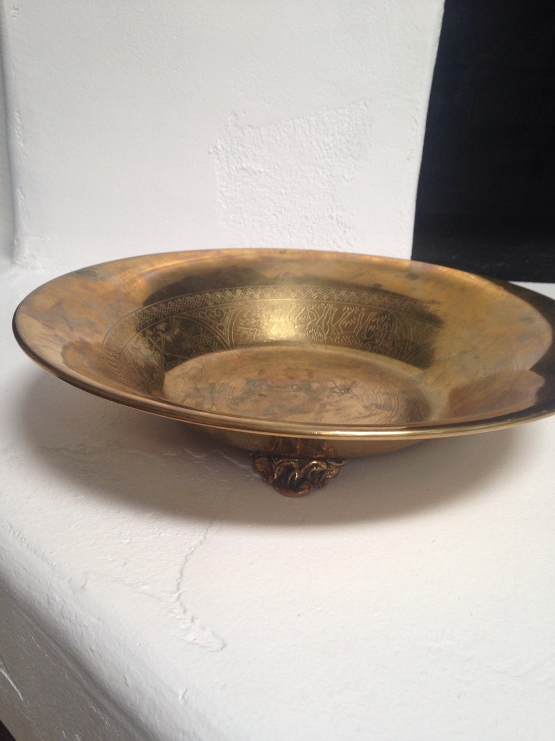 Vintage Hand Etched Brass Footed Bowl Dish Chinese Designs