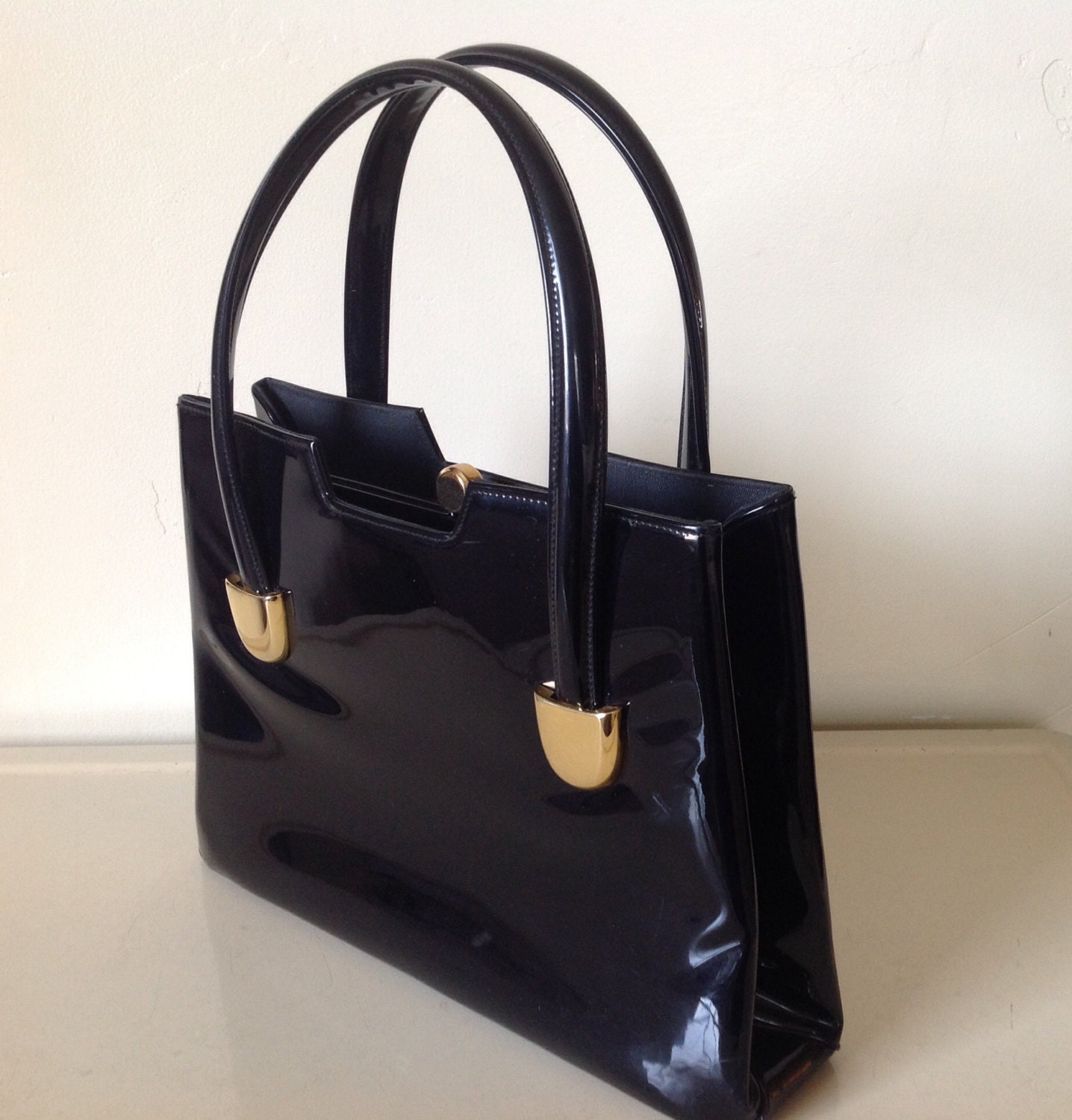 Vintage Lewis Black Patent Leather Handbag by TresconyAntiques