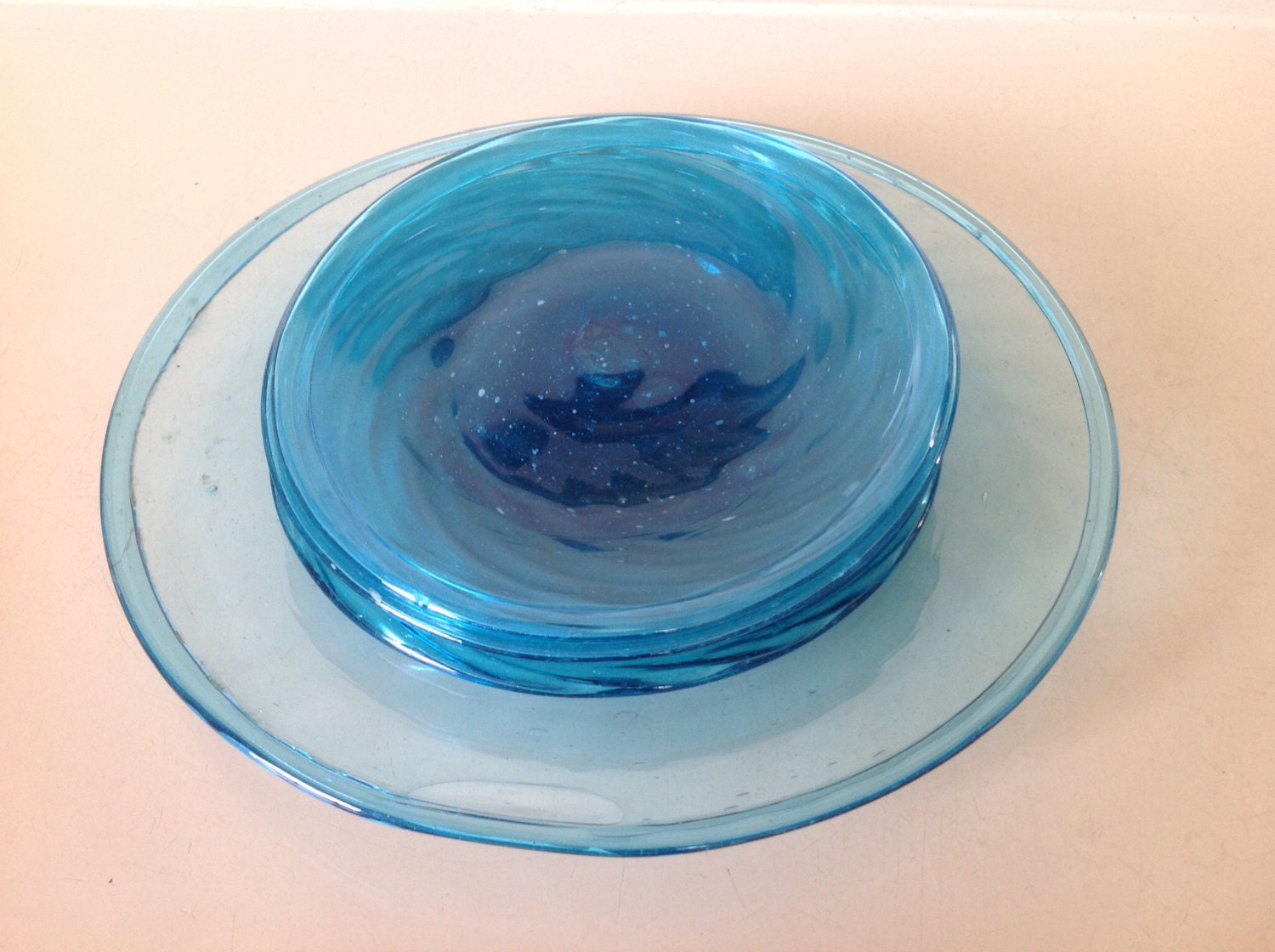 Hand Blown Turquoise Glass Rustic Plates Set of 5