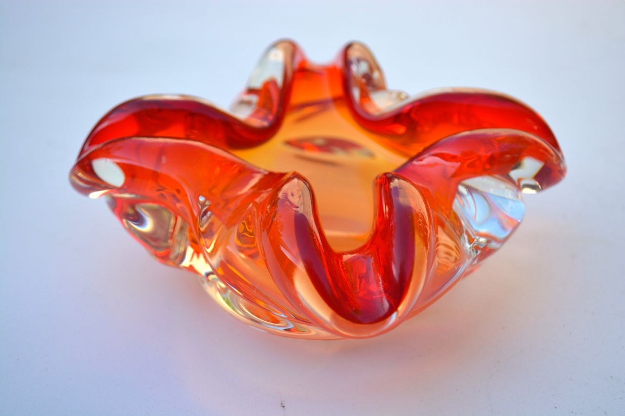 Vintage Mid Century Modern Orange Red Heavy Art Glass Ashtray