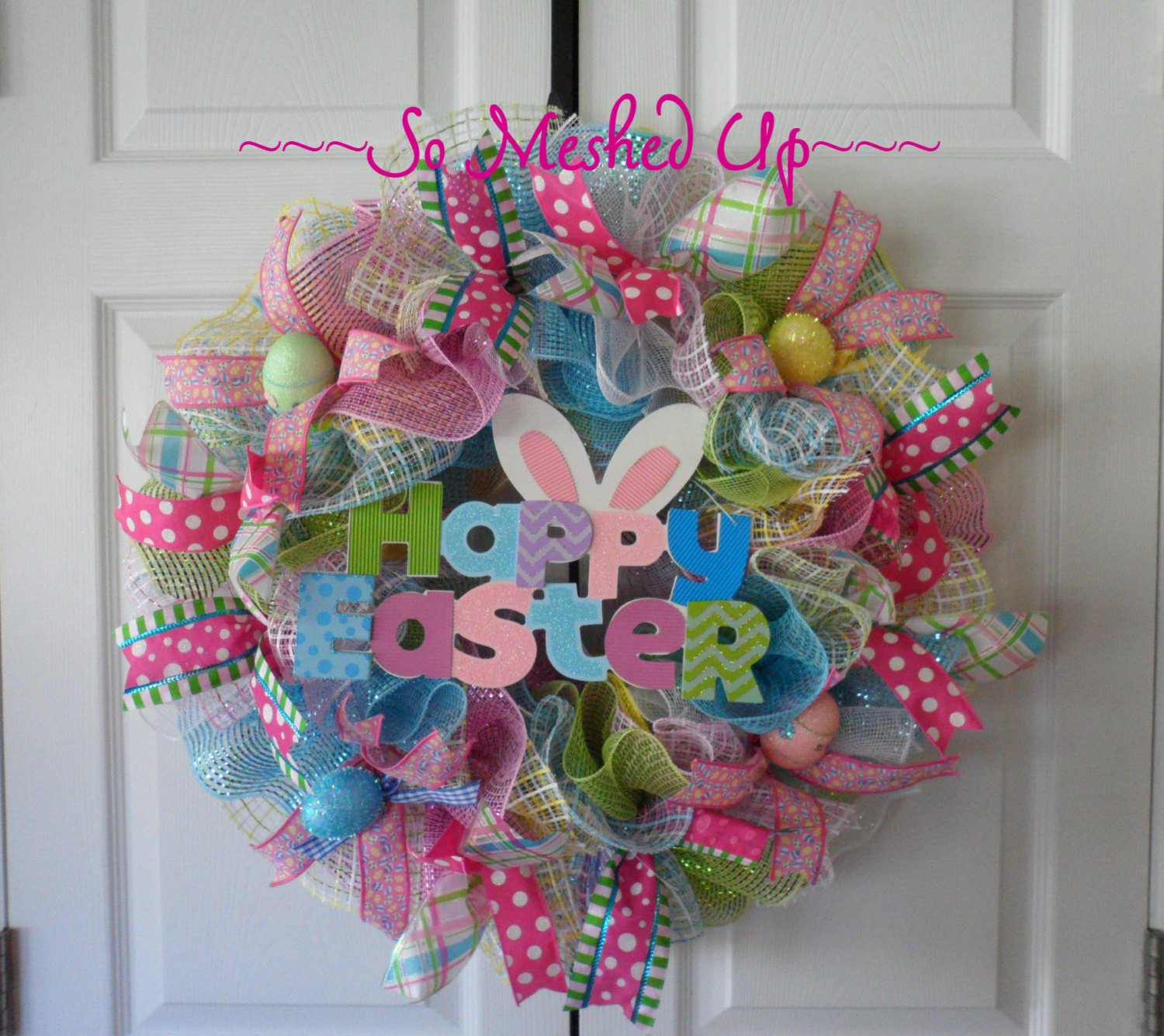 Pretty Pastel Deco mesh Easter wreath in pinks blue yellow