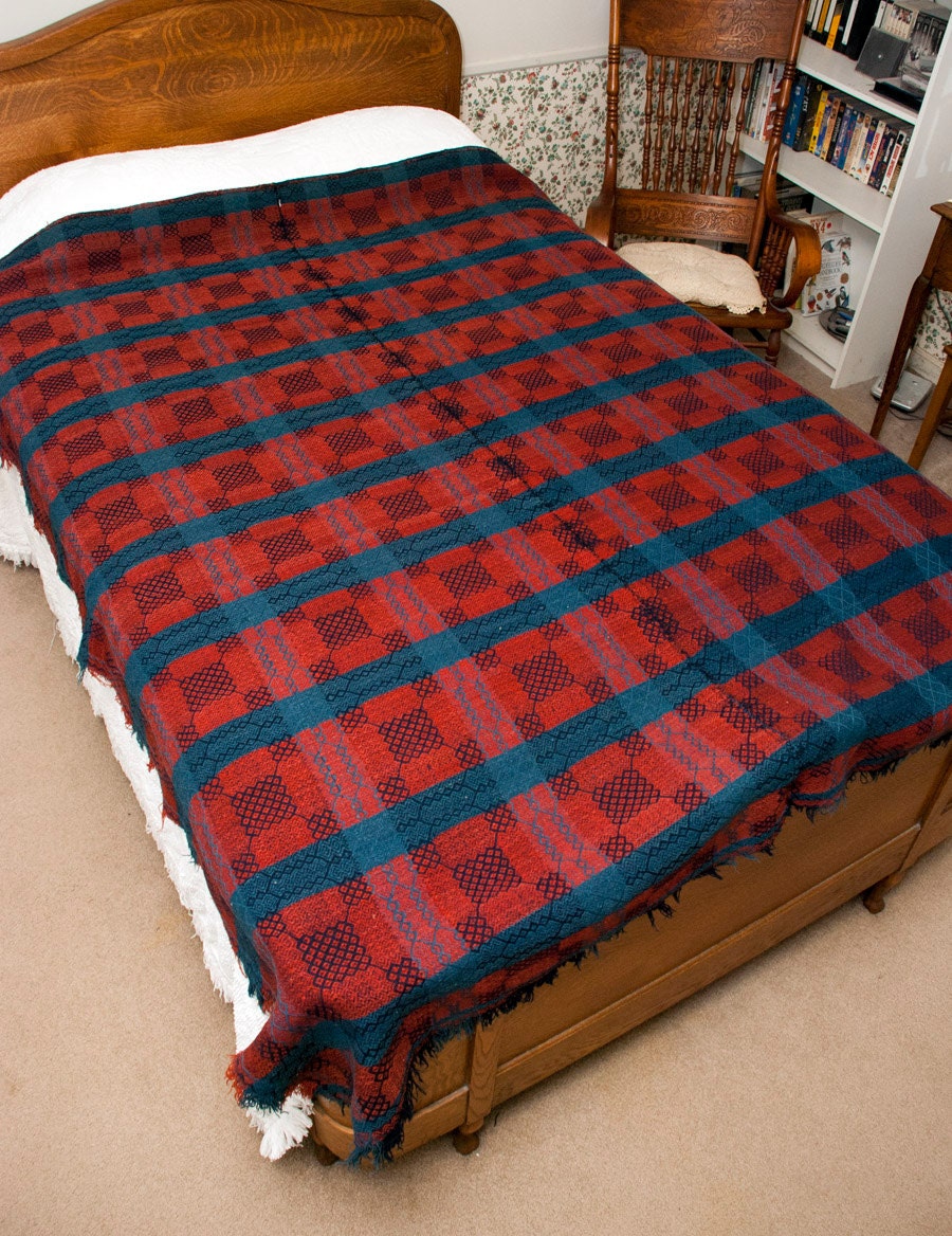 Antique Overshot Coverlet 1800's Blue and Red Wool