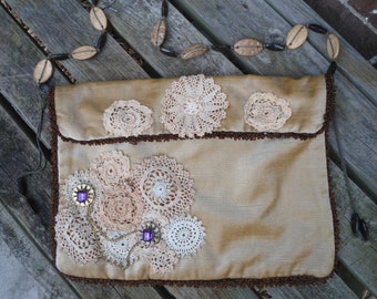 Lace Purse Upcycled Bag Patched Patchwork Purple Pendant Brooch Brown Beige
