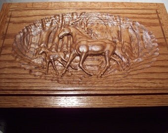 Wild Horse Scene Cigar Humidor, carved oak