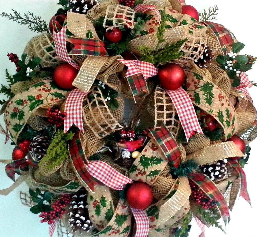 Christmas Deco Mesh Wreath With Burlap and Country Charm