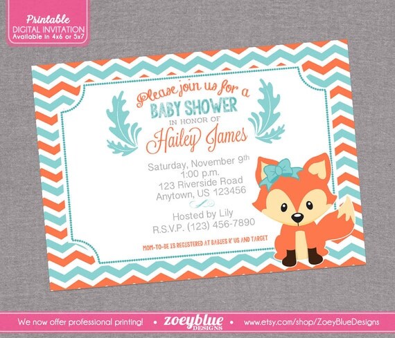 Fox Invitation Girl Fox Baby Shower Baby Girl By Zoeybluedesigns Fox Baby Shower Invitation Template