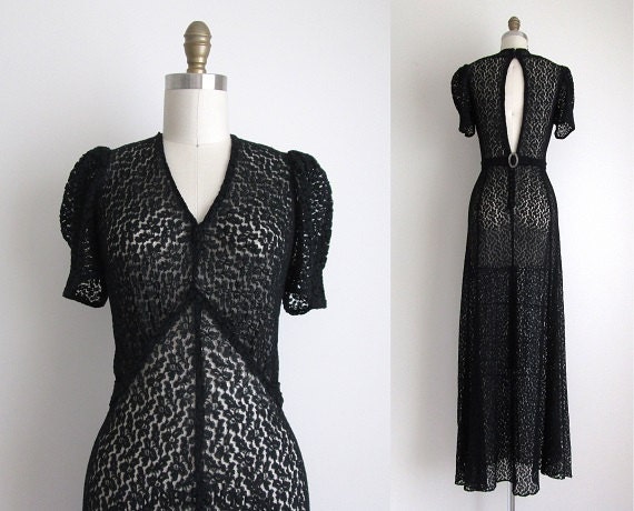 1930s Party Dress / Vintage 1930s Dress / Black Lace Formal