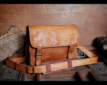 FHT Camel Leather Messenger Bag Shoulder Satchel 8"x12"