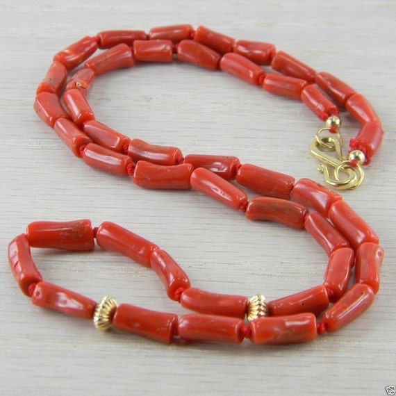 14K Gold Filled Italian Red Coral Beaded Bead Necklace Vintage