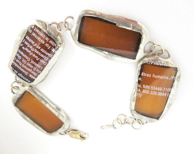 Vntage Amber Glass Links Bracelet, Perfume Bottle Silver Tone Bracelet