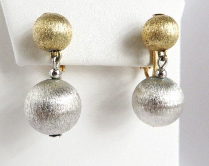 Napier Earrings, Vintage Two Tone Dangling Ball Earrings, Gold Tone, Silver Tone Clip-ons