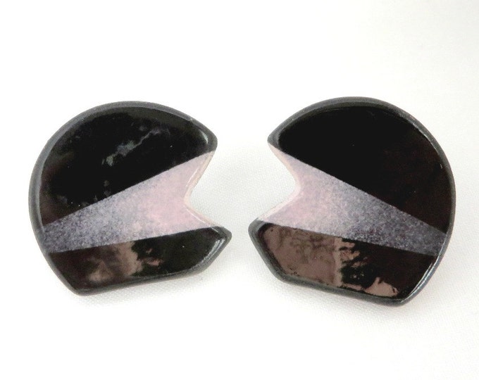 Vintage Black and Pink Enamel Earrings, Artisan Studs